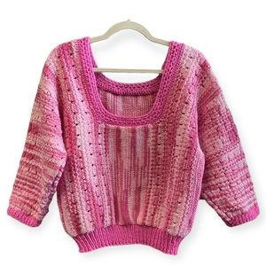 Hand Knit Square Neck Sweater Crocheted Detail 70s Vibes Ombré Pink 3/4 Sleeves